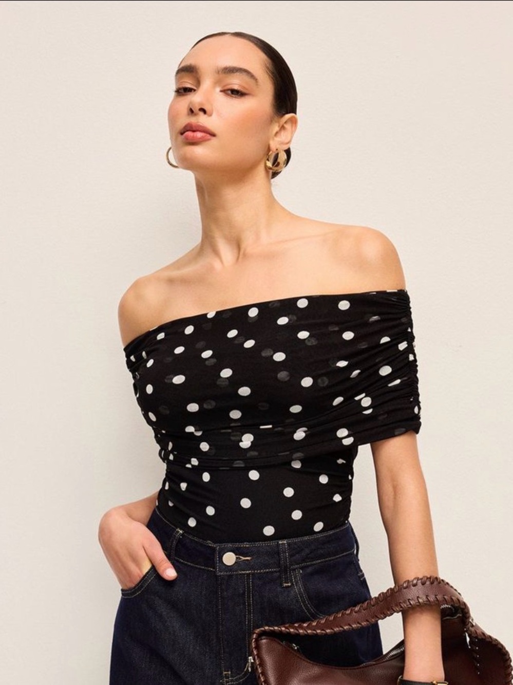 Commense Black Polka Dot Off-the-Shoulder Bodysuit